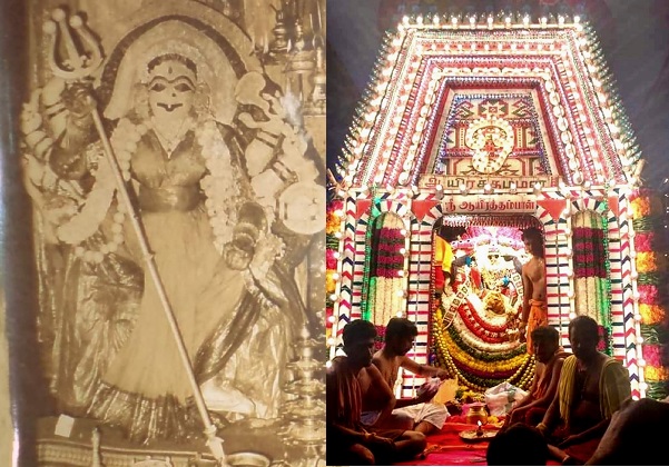 Two old photos of Goddess Aayirathamman; one photo showing idol smeared in sandalwood paste and floral alangaram and the other photo shows idol being taken out for procession.