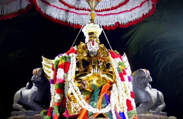 Idol of alwarthirunagari urshavar with sacred lion statues on both sides.