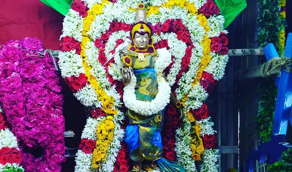 The Consort of the presiding deity of Brahmadesam temple Lord Periyanayaki Ammai is grandly dressed up in Silk saree wearing sacred nuptial chain and decorated with garlands