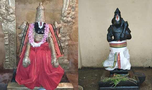 Goddess Thiruvaragunamangai with Perumal in a seated posture, wearing a garland, silver crown, pink angavastram, and pink attire. 