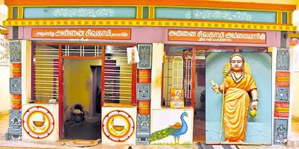 Sivagami Ammaiyar's shrine decorated with the image of a peacock and lamps in Thirumalai kovil. Ammaiyar wears a yellow saree and holds a veil and manuscript. 