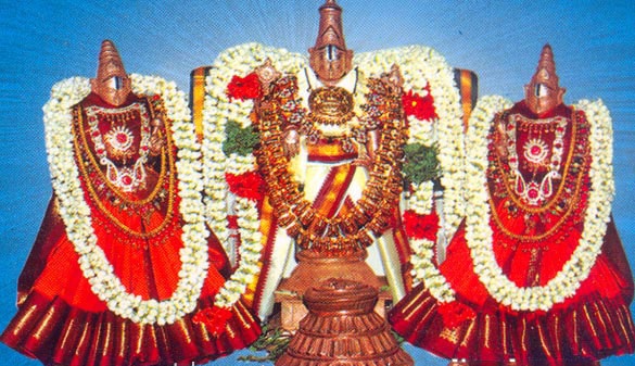 Srinvasaperumal idol with two wives decorated with grand attire and jewels in the Thirutholaivillimangalam Srinivasan Temple.