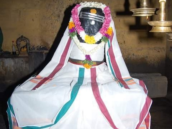 The main deity Narumbunathar in a Suyambu Lingam form adorned in a white dhoti, angavastram, and garlands. 