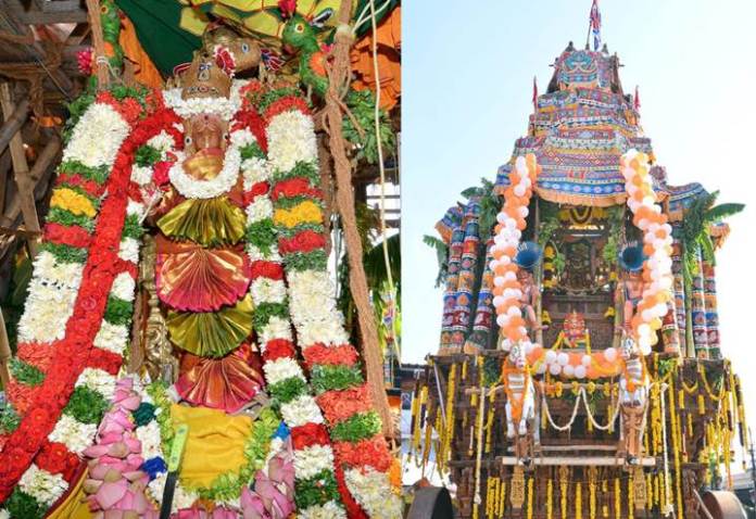 Two shots of idol during Ani peru festival: On the left is photo of Pittapurathi Amman idol decorated beautifully in silk and the photo on the right is a distant shot of idol on the chariot.