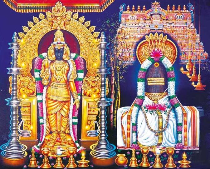 Colourful picture of Lord Nellaiappar in a Lingam form with Adhiseshan and the temple in the background. Gandhimathi Amman is in a standing posture adorned with garlands and jewellery. 