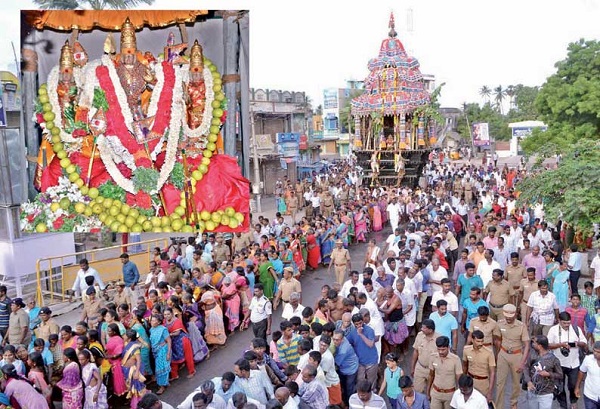 Devotees pulling the Tiruchendur temple chariot with an inset picture of the main deity and his consorts. 