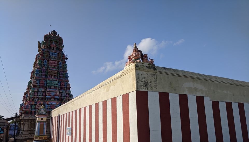 Outer view of the Vanamamalai Perumal Temple tower.