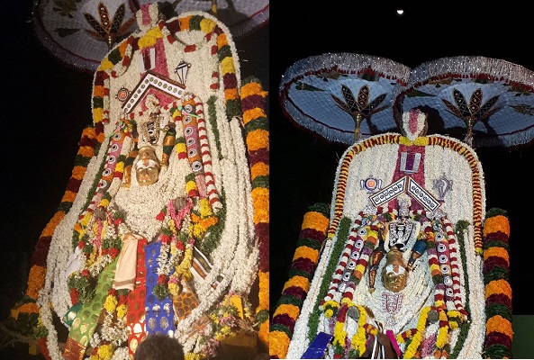 Two closeup shots of Thiruvenkadanathar utsava idols decorated with muthangi alangaram during a festival procession
