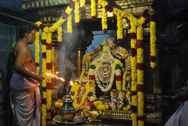 Priest performing aarti for Thiruvenkatanathar deity of Thiruvenkatanathapuram Perumal temple decorated in muthangi alangaram and floral garlands.