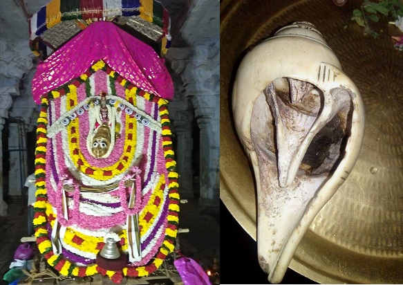 Photo of Sivalaperi Sundarraja Perumal adorned in thick flower garlands on the left and a closeup shot of Sangu placed in a plate on the right