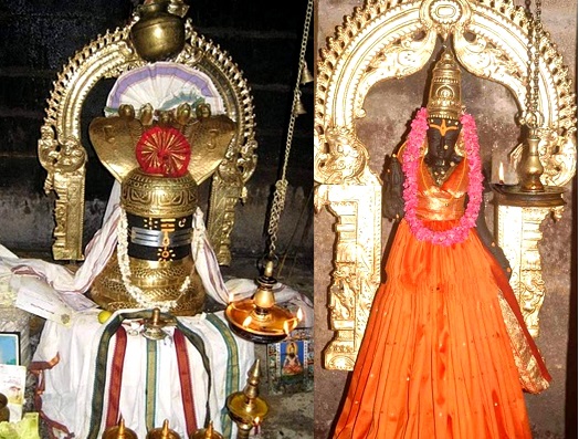 Closeup view of Kodaganallur Kailasanathar with Sivagami Ammai with lamps lighted inside the sanctum