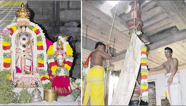 Palayamkottai Rajagopala swamy with Thayar decked up for Brahmorchavam and a flag has been hoisted on the flagstaff by the priests marking the beginning the festivity.