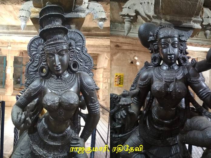 Beautifully carved sculptures of the celestial beings Rathidevi and Rajakumari wearing ornaments on their ears, neck, head, and fingers. 