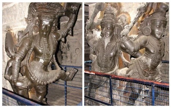 Intricately carved stone sculptures of Krishnapuram depicting Gods and celestial beings.
