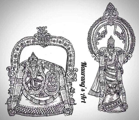 Two pencil drawings depicting Lord Nellaiappar and Gandhimathi Amman seated together and the Goddess in a standing posture, wearing a garland and decked in all finery.