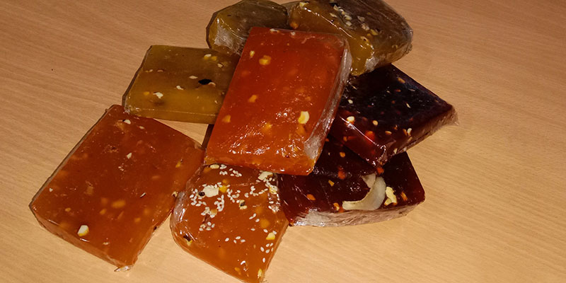 Delicious musoth halwa sliced into rectangular pieces.