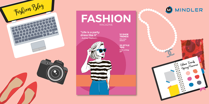 Digital image depicting a pink background with a fashion magazine, an open laptop, camera, footwear, jewellery, and a notepad with cloth samples.