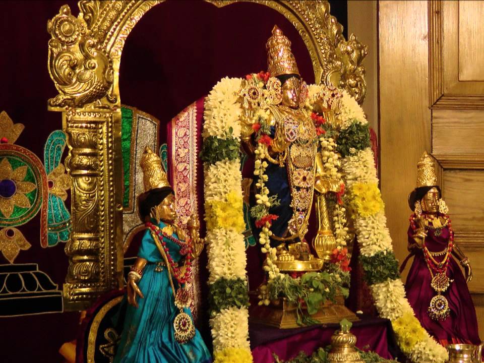 Image of decorated Lord Vishnu in one of the Navathirupathi temples seen with Sridevi and Boodevi at one of the Pandiyanadu Dviya Desam