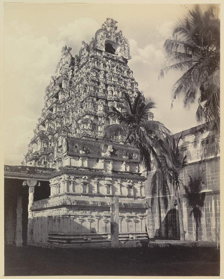 A picture of hindu temple dome with coconut trees near the compound wall.