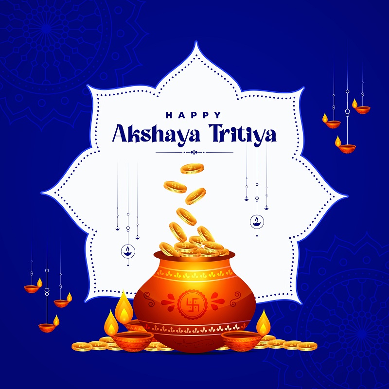In the Akshaya Tritiya Wishes, gold coins are shown pouring and collecting in a pot.
