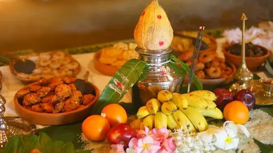 Image of South Indian Traditional Pooja arrangement for Tamil New Year (Chithirai New Year)